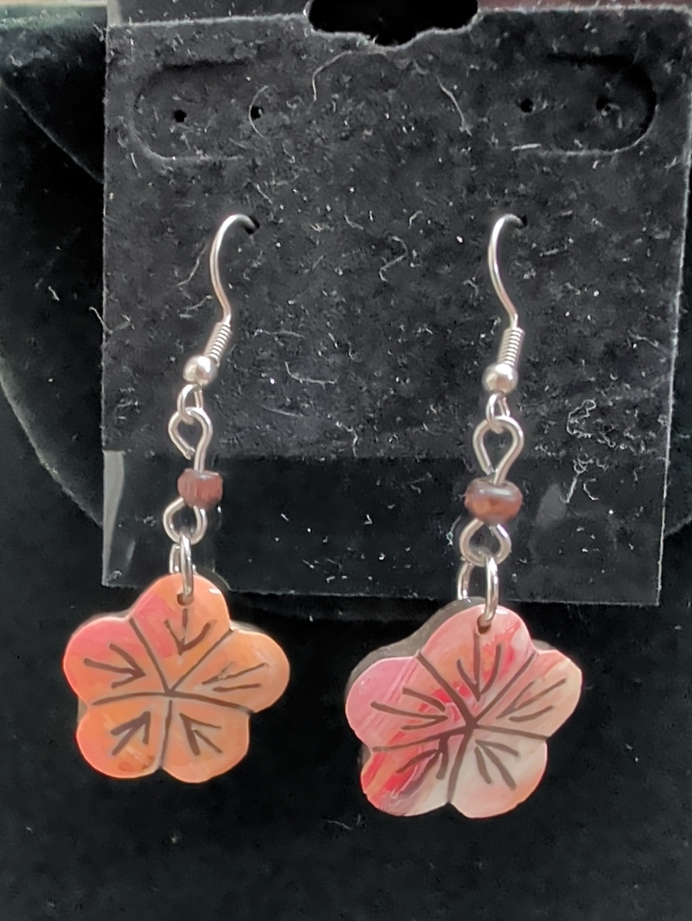 (#68) Handcrafted From Wood, Pink-Orange Floral Dangle Earrings